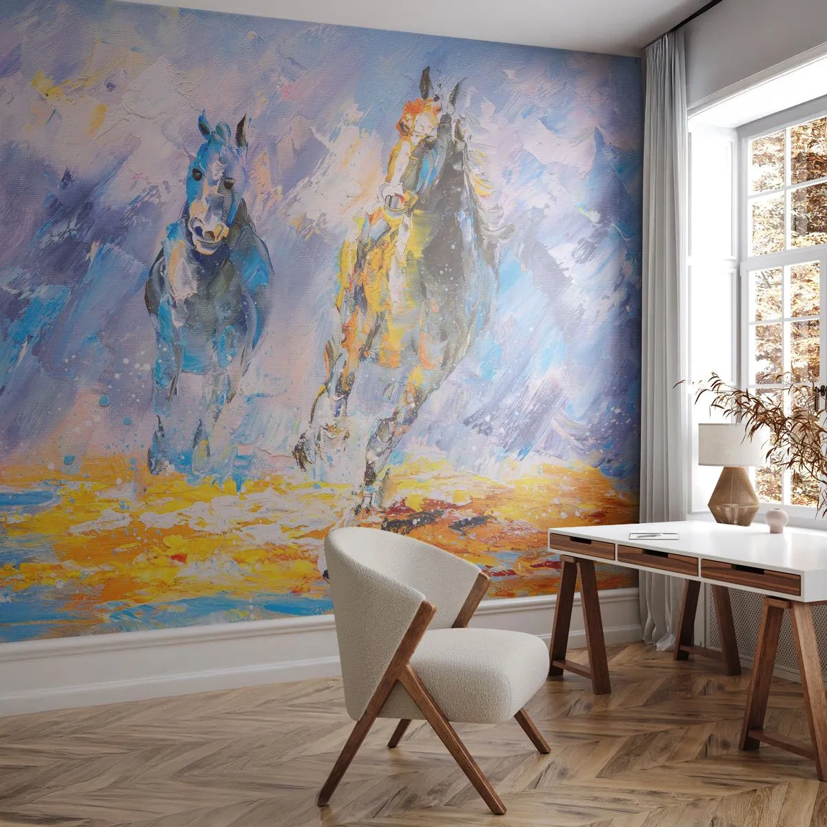 Fototapete Premium Canvas - Galopp durch die Blendung - Tiere, Pferde, Impressionismus - 200x140 cm