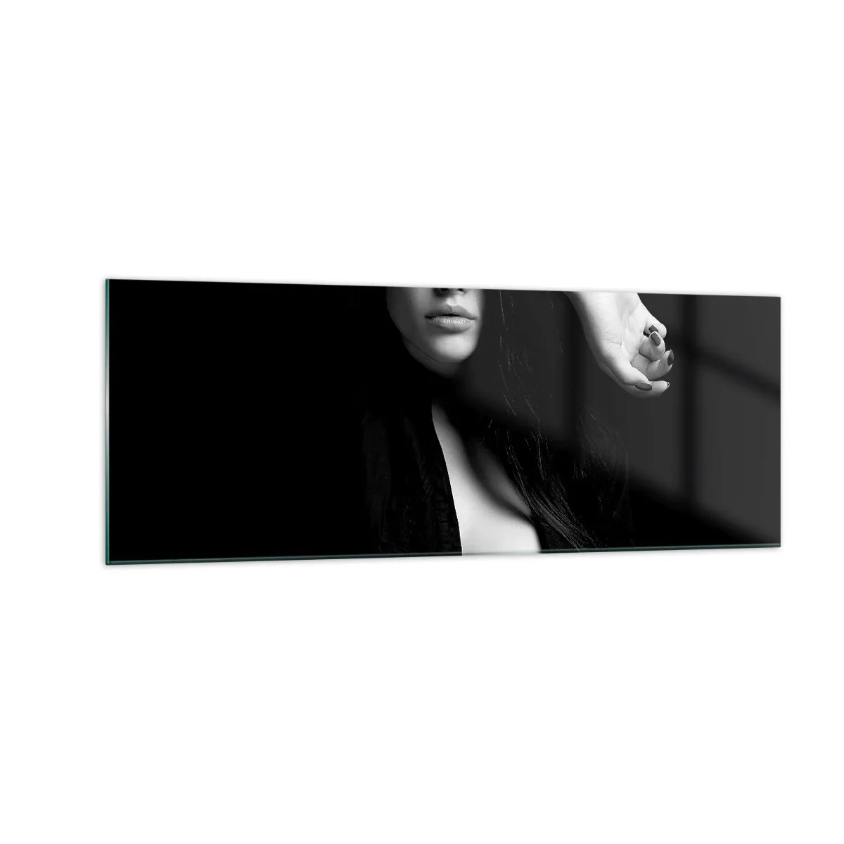 Glasbild - Bild auf glas - Stilvolles Frauenporträt in Schwarz-Weiß - 140x50cm - Schule der Verführung - Moderne Wanddekoration für Wohnzimmer und Schlafzimmer ARTTOR