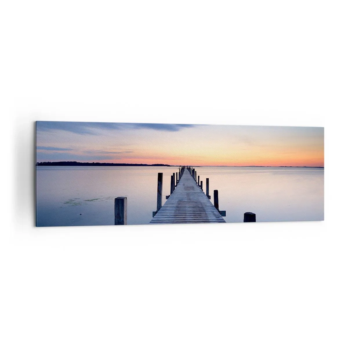 Bild auf Leinwand - Leinwandbild - Holzsteg am See bei Sonnenuntergang - 160x50cm - Die Ruhe einer heiteren Dämmerung - Moderne Wanddekoration für Wohnzimmer und Schlafzimmer ARTTOR