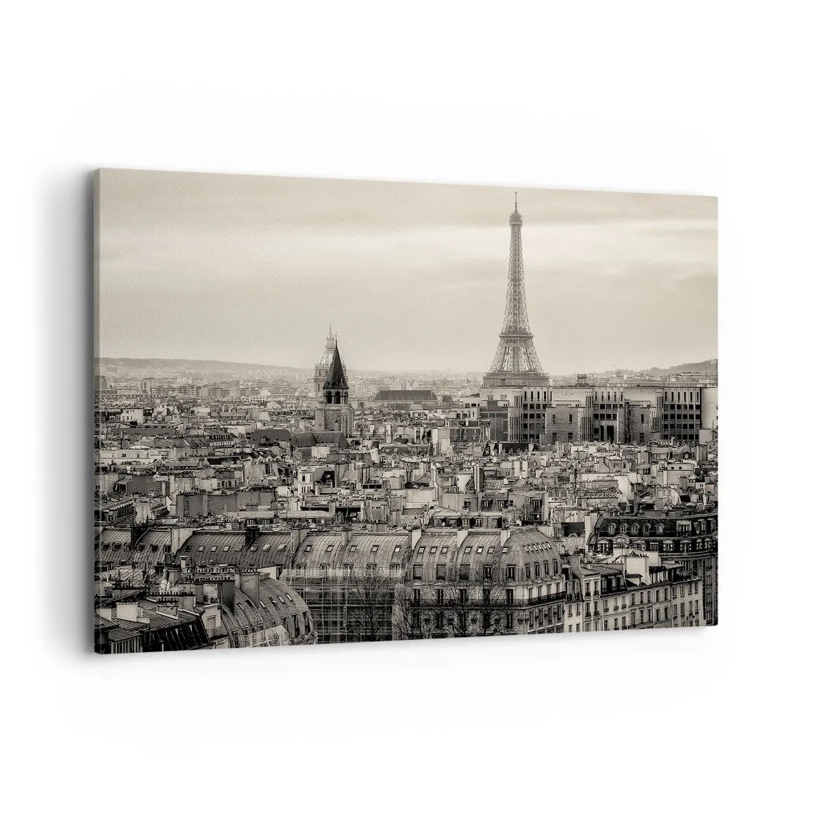 Bild auf Leinwand - Leinwandbild - Panorama von Paris mit dem Eiffelturm in Sepiatönen - 100x70cm - Über den Dächern von Paris - Moderne Wanddekoration für Wohnzimmer und Schlafzimmer ARTTOR