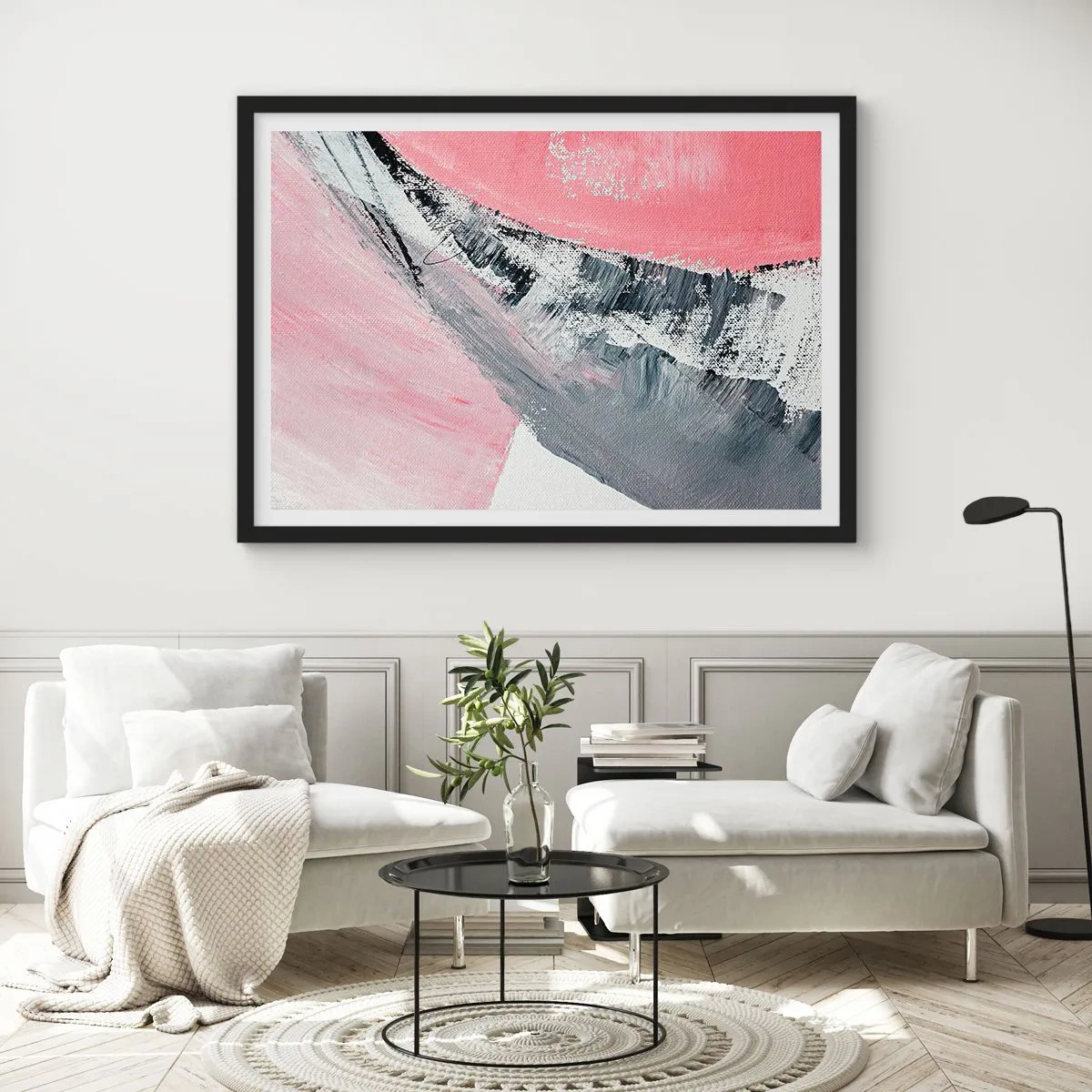 Poster in einem schwarzem Rahmen - Eine abstrakte Komposition in Rosa- und Grautönen. - 100x70cm - Passende Komposition - Moderne Wanddekoration für Wohnzimmer und Schlafzimmer ARTTOR