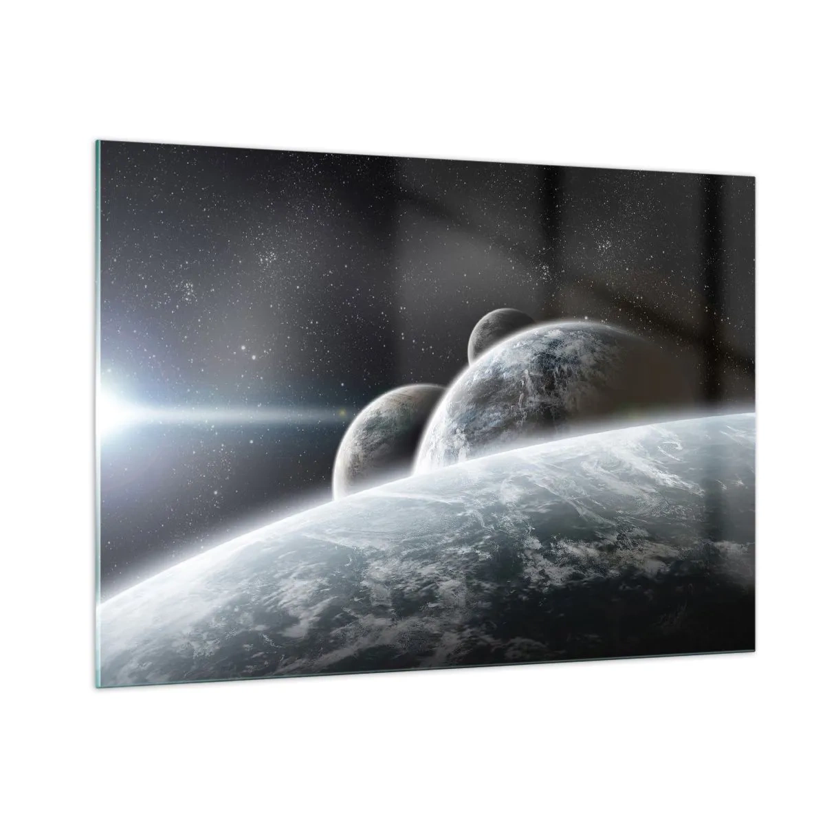 Glasbild - Bild auf glas - Planeten im Weltraum mit einem Lichtstrahl - 100x70cm - Kosmische Musik der Sphären - Moderne Wanddekoration für Wohnzimmer und Schlafzimmer ARTTOR