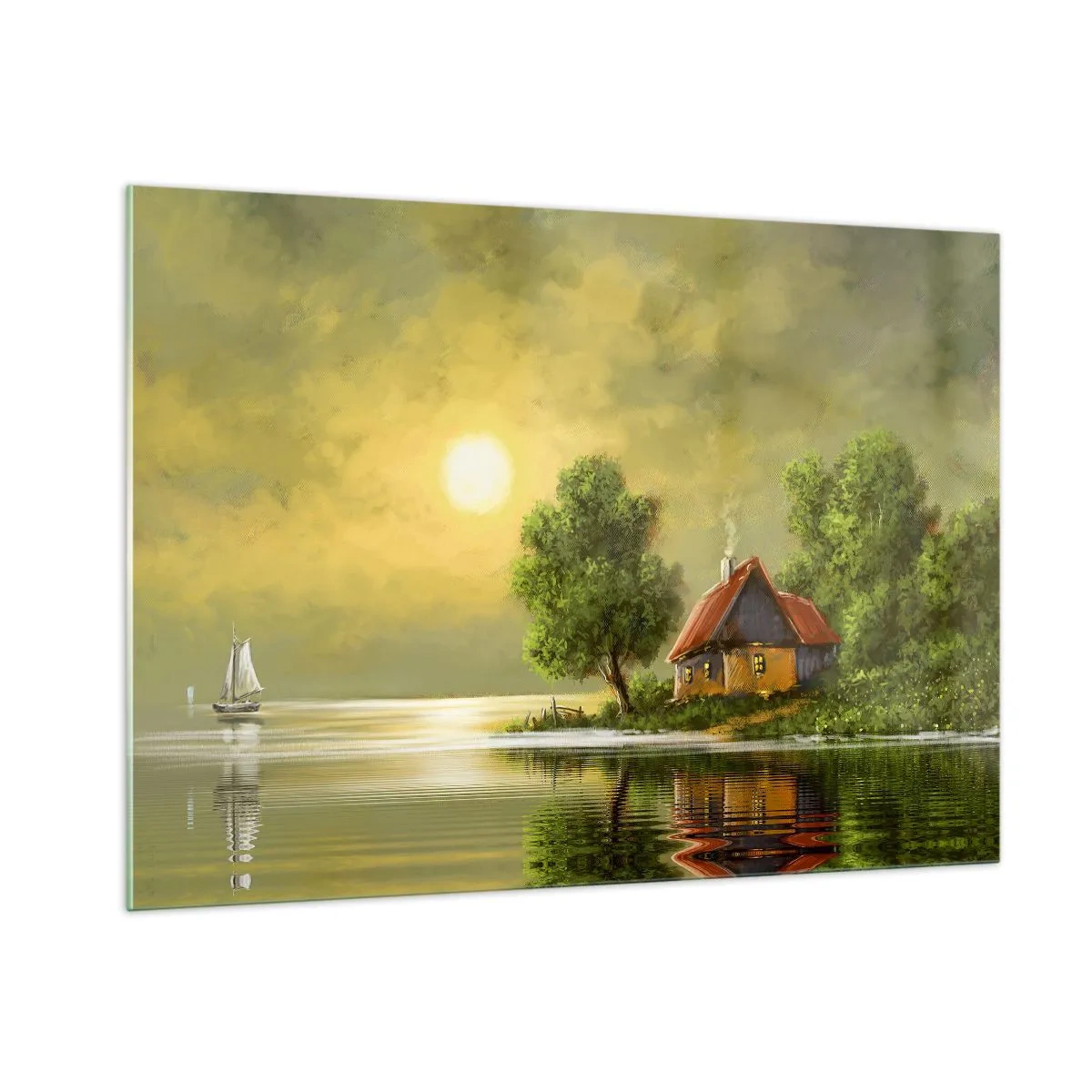 Glasbild - Bild auf glas - Eine malerische Landschaft mit einem Häuschen am See bei Sonnenuntergang - 100x70cm - Schön, wie ein Bild - Moderne Wanddekoration für Wohnzimmer und Schlafzimmer ARTTOR