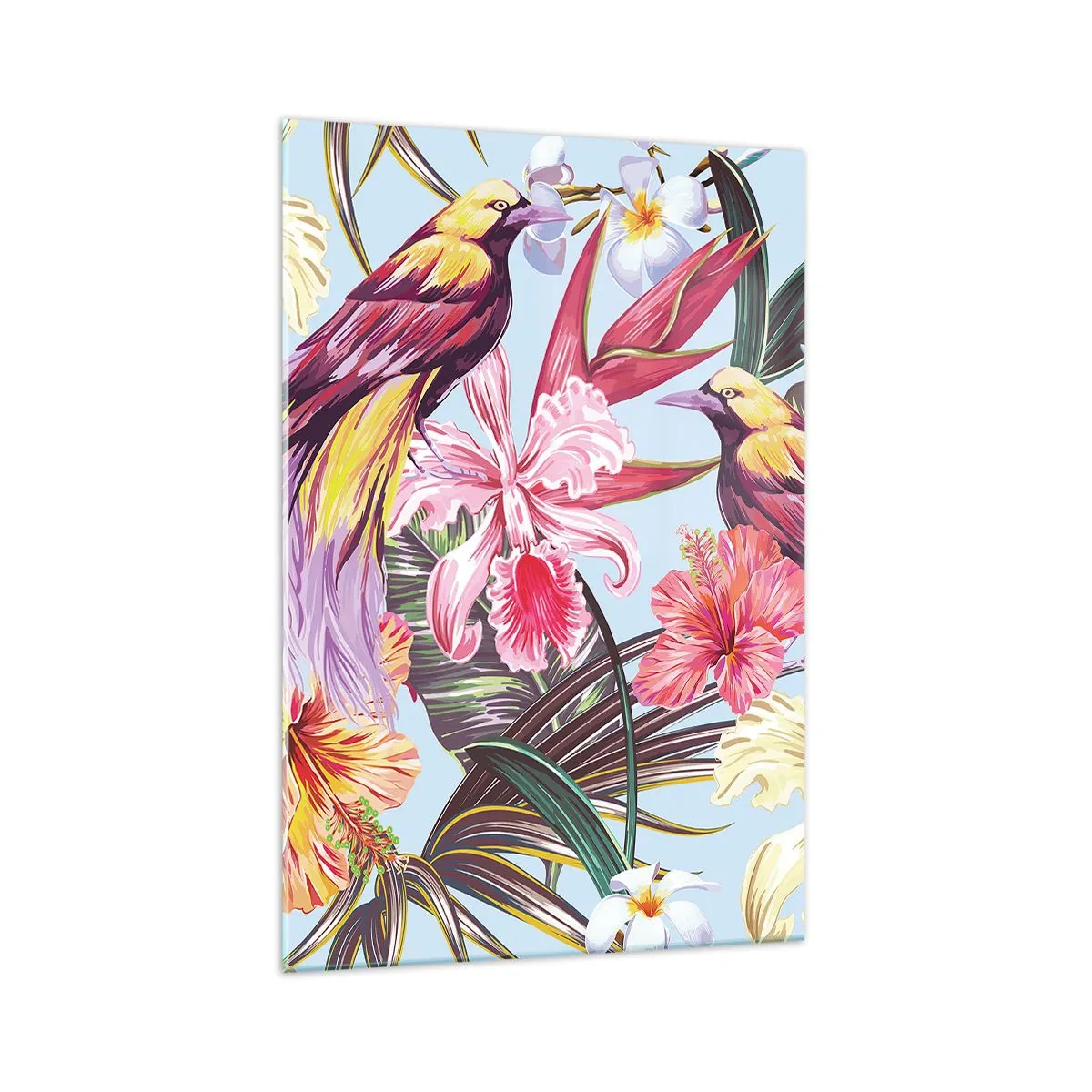 Glasbild - Bild auf glas - Exotische Vögel zwischen tropischen Blumen - 70x100cm - Blütenblätter und Federn - Moderne Wanddekoration für Wohnzimmer und Schlafzimmer ARTTOR