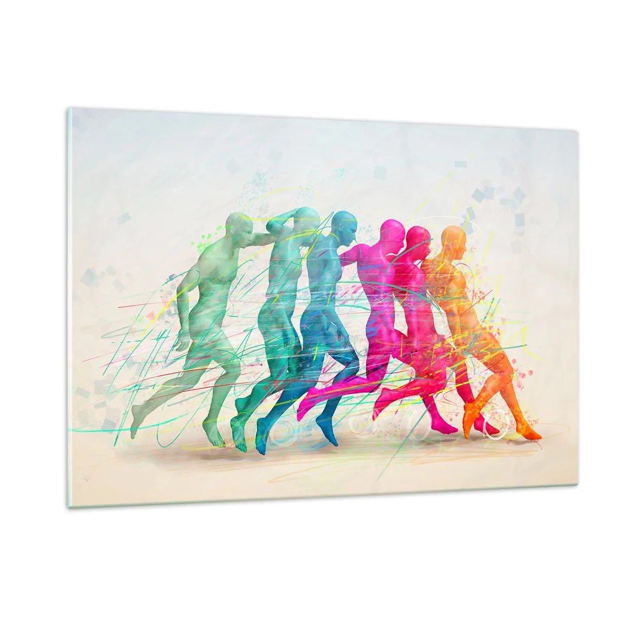 Glasbild - Bild auf glas - Eine farbenfrohe abstrakte Darstellung der Bewegung einer laufenden Figur - 120x80cm - Harmonie der Bewegung - Moderne Wanddekoration für Wohnzimmer und Schlafzimmer ARTTOR