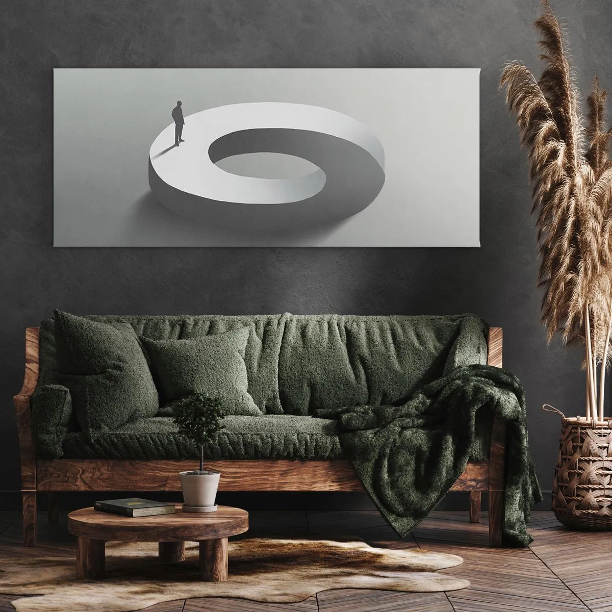 Bild auf Leinwand - Leinwandbild - Ein Mann auf einer grauen, abstrakten Struktur - 140x50cm - Und wie soll man davon klug werden - Moderne Wanddekoration für Wohnzimmer und Schlafzimmer ARTTOR