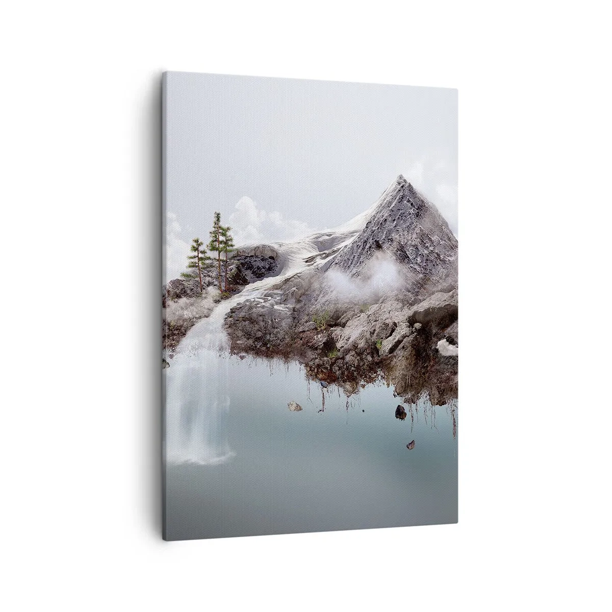 Bild auf Leinwand - Leinwandbild - Ein surrealer Berg, der in den Wolken schwebt, mit einem Wasserfall - 50x70cm - Mit dem Auge eines Surrealisten - Moderne Wanddekoration für Wohnzimmer und Schlafzimmer ARTTOR