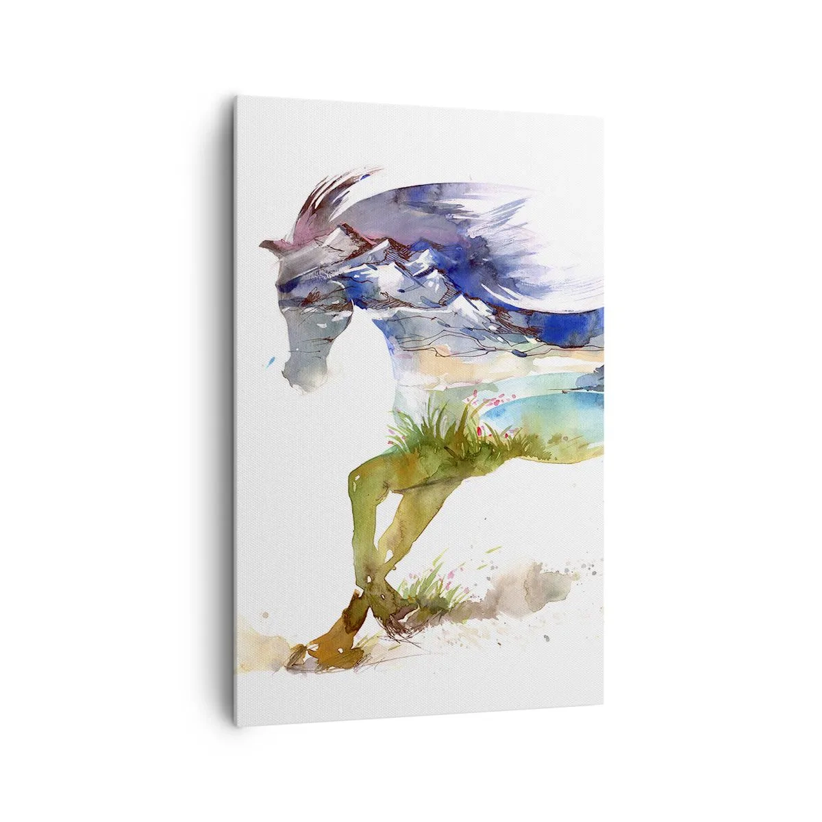 Bild auf Leinwand - Leinwandbild - Aquarell eines Pferdes mit einer Berglandschaft in der Silhouette - 80x120cm - Von der Wiese direkt in den Himmel - Moderne Wanddekoration für Wohnzimmer und Schlafzimmer ARTTOR