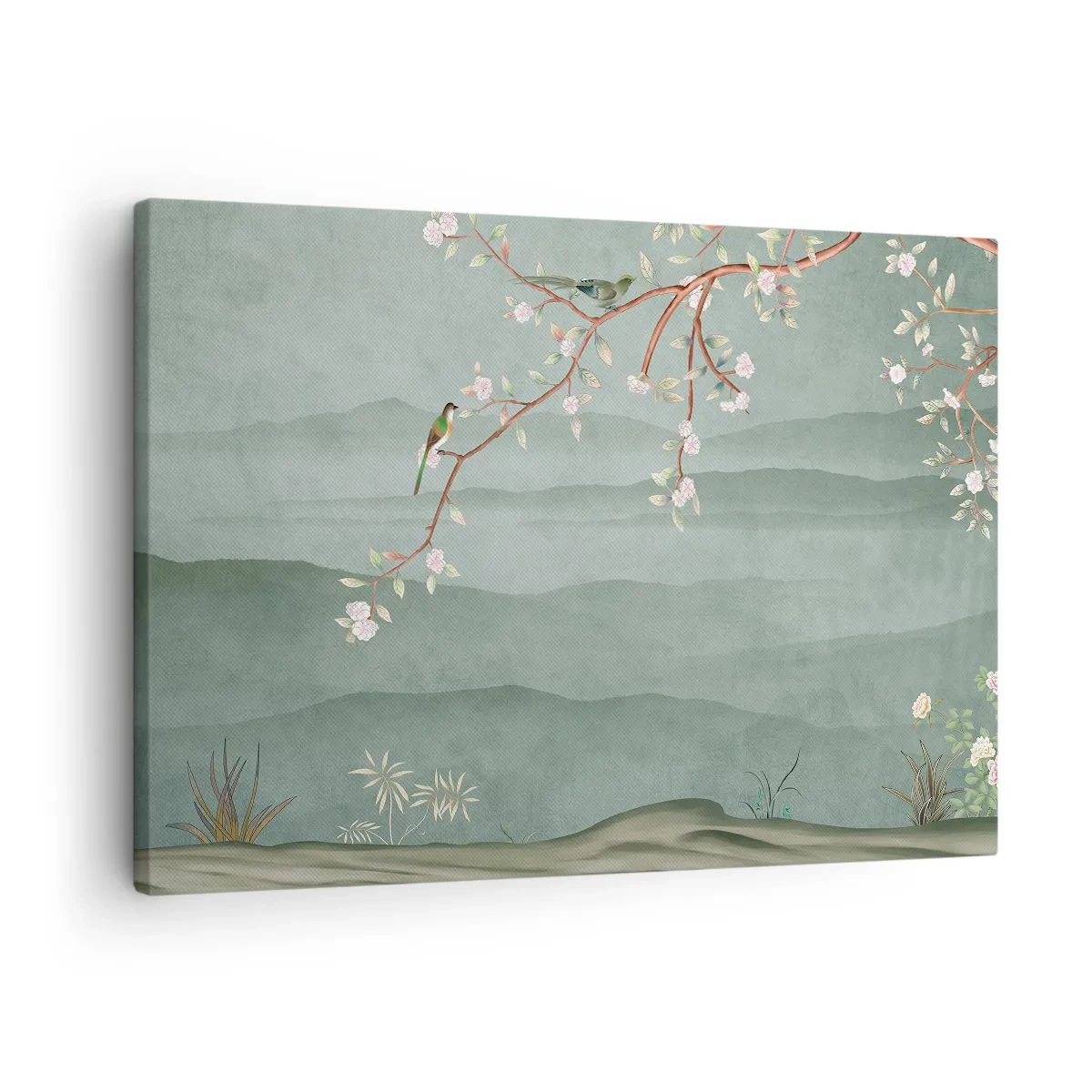 Bild auf Leinwand - Leinwandbild - Ein malerisches Bild eines blühenden Baumzweigs mit Vögeln vor dem Hintergrund grüner Hügel. - 70x50cm - Frühling, oh, du bist es - Moderne Wanddekoration für Wohnzimmer und Schlafzimmer ARTTOR