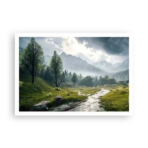 Poster - Eine Berglandschaft mit einem Fluss und Bäumen, umgeben von nebligen Bergen - 100x70cm - Hin und zurück - Moderne Wanddekoration für Wohnzimmer und Schlafzimmer ARTTOR