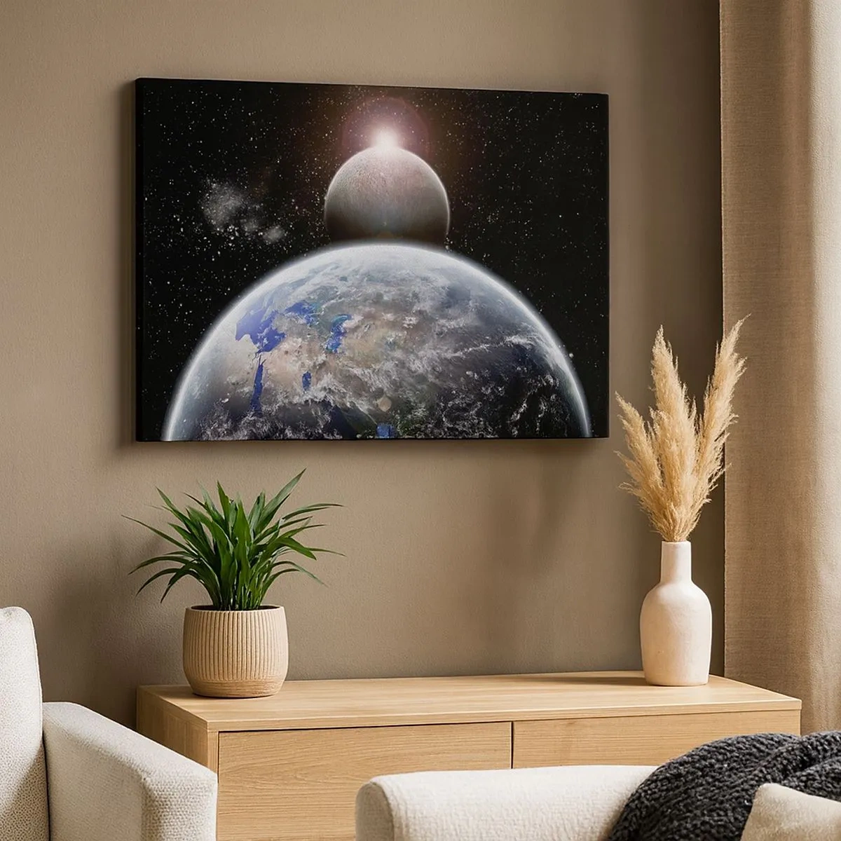 Bild auf Leinwand - Leinwandbild - Planet Erde und Mond vor dem Hintergrund des sternenklaren Weltraums. - 70x50cm - Weltraumlandschaft - Sonnenaufgang - Moderne Wanddekoration für Wohnzimmer und Schlafzimmer ARTTOR