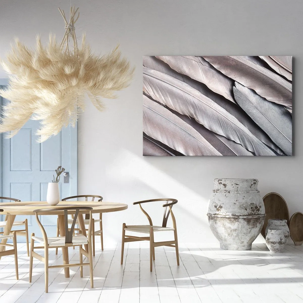 Bild auf Leinwand - Leinwandbild - Zarte Federn in dezenten Grau- und Beigetönen - 100x70cm - In rosa Silber - Moderne Wanddekoration für Wohnzimmer und Schlafzimmer ARTTOR
