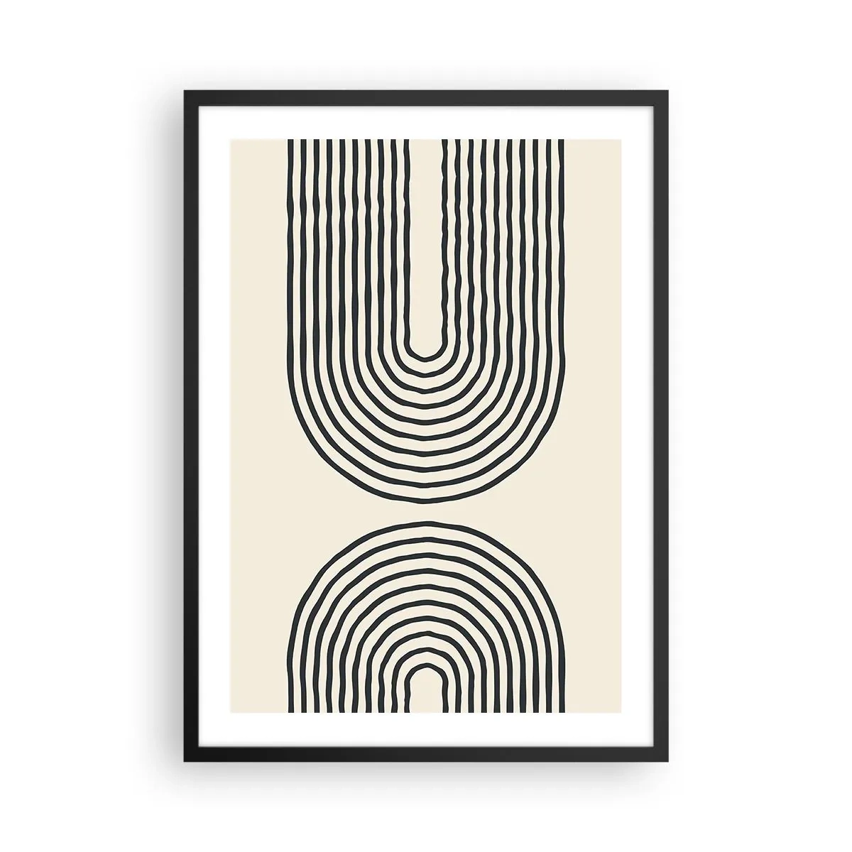 Poster in einem schwarzem Rahmen - Ein abstraktes Muster mit Linien, die symmetrische Bögen im minimalistischen Stil bilden. - 50x70cm - In einem Moment ... - Moderne Wanddekoration für Wohnzimmer und Schlafzimmer ARTTOR