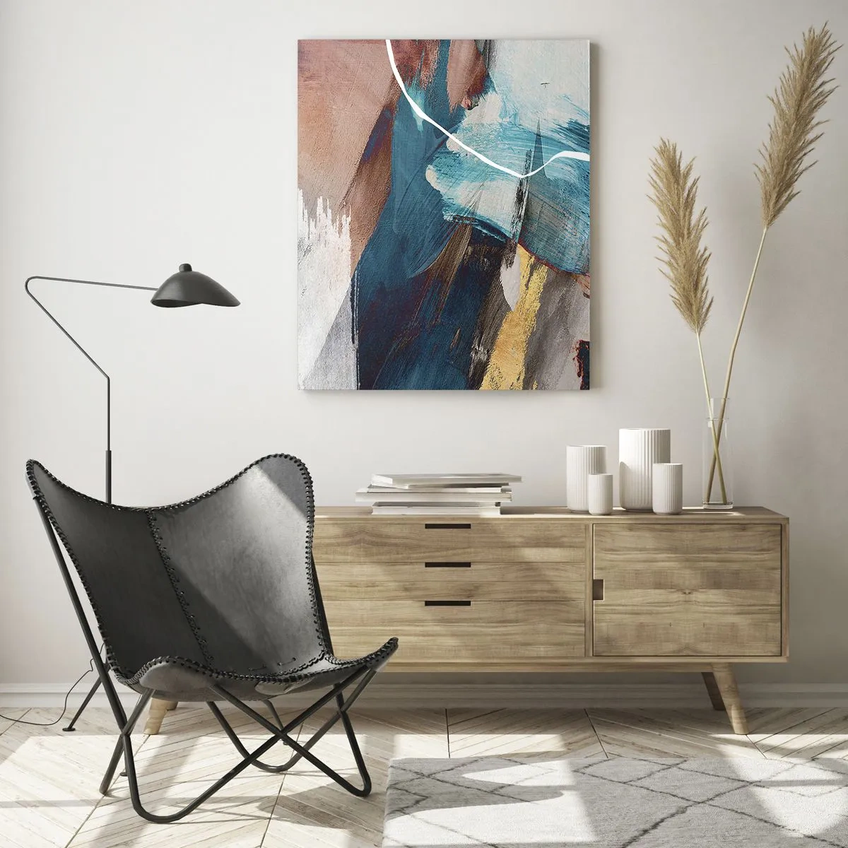 Glasbild - Bild auf glas - Eine abstrakte Komposition in Türkis, Gold und Braun. - 50x70cm - Großzügig und mit Energie - Moderne Wanddekoration für Wohnzimmer und Schlafzimmer ARTTOR