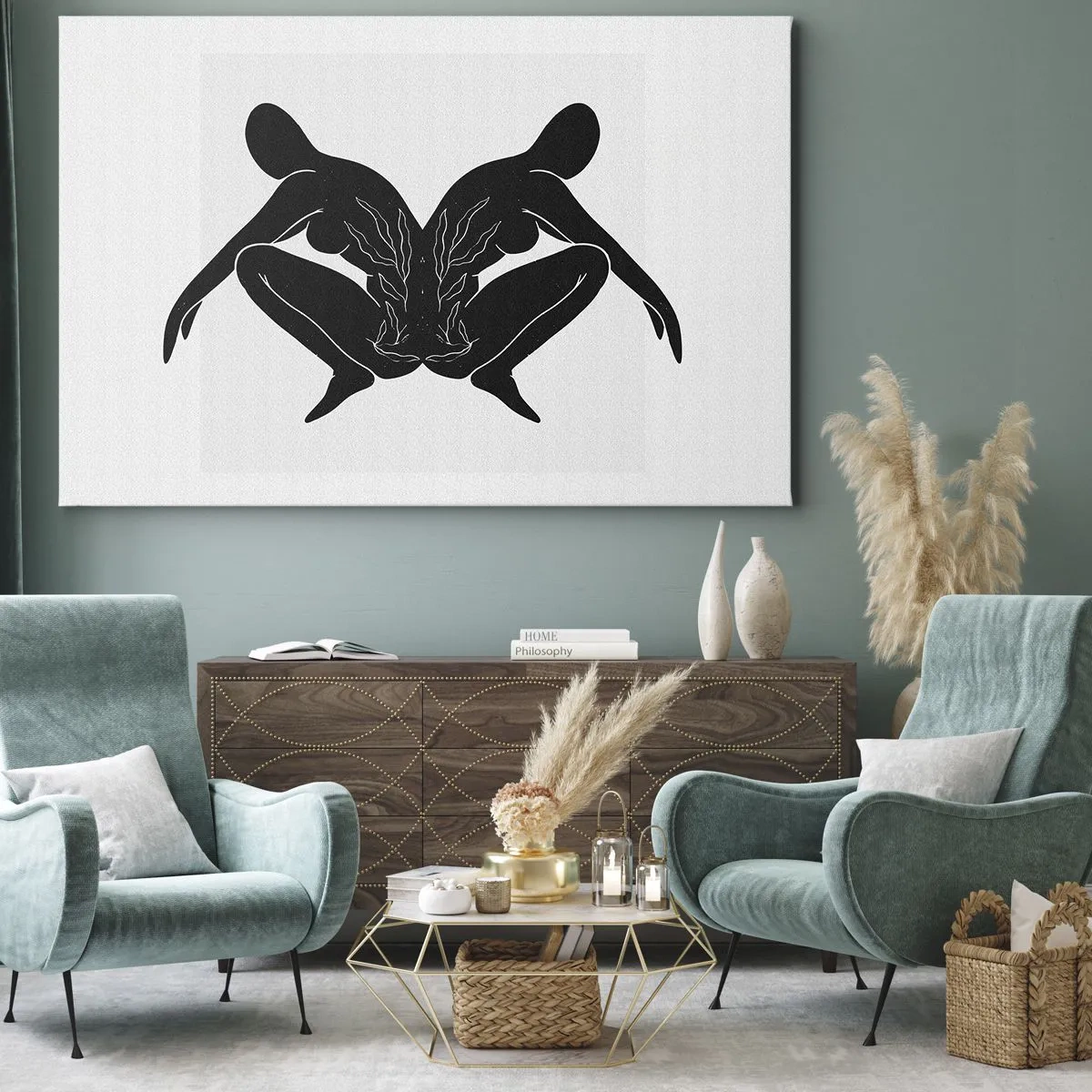 Bild auf Leinwand - Leinwandbild - Schwarze Silhouetten in symmetrischer Position auf weißem Hintergrund - 120x80cm - Gemeinsame Seele - Moderne Wanddekoration für Wohnzimmer und Schlafzimmer ARTTOR