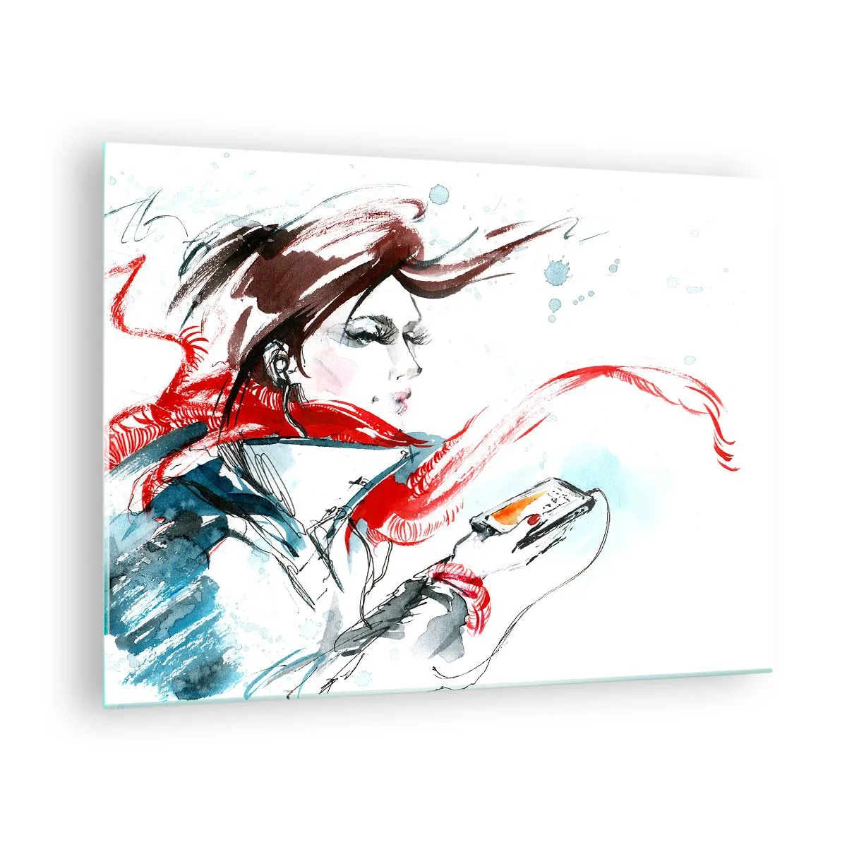 Glasbild - Bild auf glas - Eine Frau mit einem roten Schal mit dynamischen, skizzenhaften Details. - 70x50cm - Mit mir stimmt was nicht - Moderne Wanddekoration für Wohnzimmer und Schlafzimmer ARTTOR