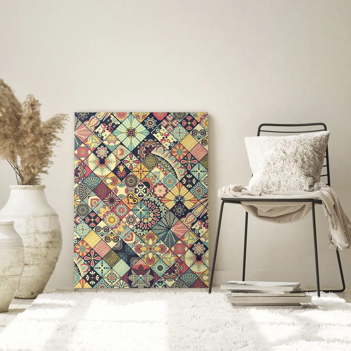 Glasbild - Bild auf glas - Bunte geometrische Muster, inspiriert vom marokkanischen Stil - 80x120cm - marokkanische Atmosphäre - Moderne Wanddekoration für Wohnzimmer und Schlafzimmer ARTTOR