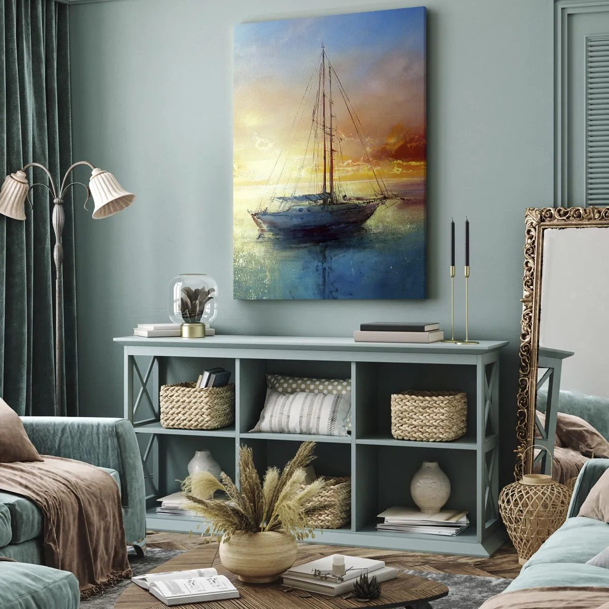 Bild auf Leinwand - Leinwandbild - Eine Yacht auf ruhigem Meer bei Sonnenuntergang - 50x70cm - In einer goldenen Bucht - Moderne Wanddekoration für Wohnzimmer und Schlafzimmer ARTTOR