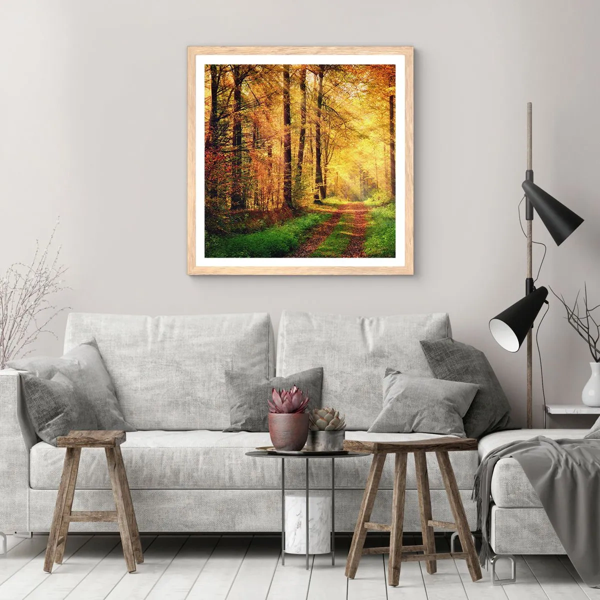 Poster in einem Rahmen aus heller Eiche - Waldgoldene Stille - 40x40 cm