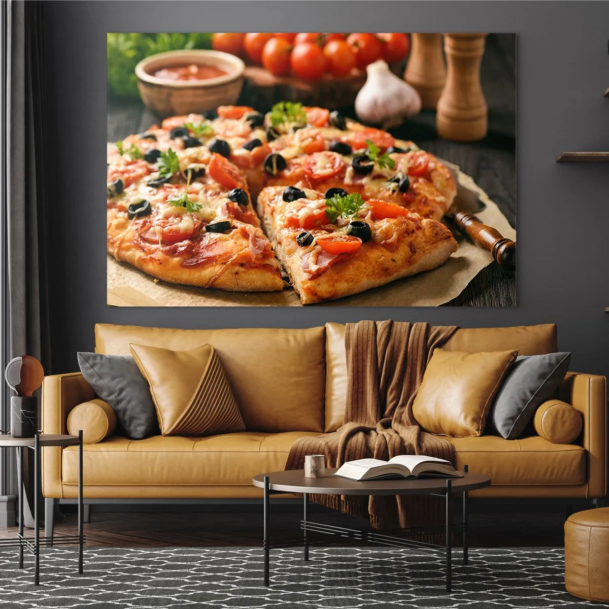 Glasbild - Bild auf glas - Appetitliche Pizza mit Tomaten, Oliven und Kräutern - 70x50cm - Du bist schon wieder davongekommen - Moderne Wanddekoration für Wohnzimmer und Schlafzimmer ARTTOR