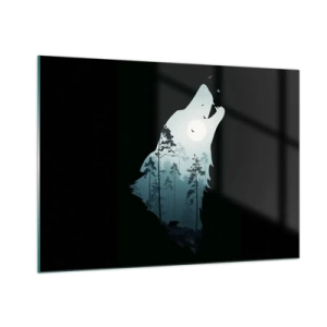 Glasbild - Bild auf glas - Silhouette eines Wolfes mit Wald und Mond im Hintergrund auf schwarzem Hintergrund - 100x70cm - Die Stimme der Waldnacht - Moderne Wanddekoration für Wohnzimmer und Schlafzimmer ARTTOR