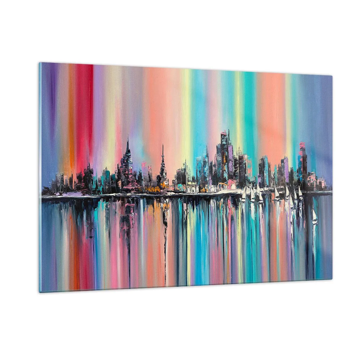 Glasbild - Bild auf glas - Abstraktes Stadtpanorama mit mehrfarbigem Hintergrund - 120x80cm - Um das Licht der Nacht herunterzufallen - Moderne Wanddekoration für Wohnzimmer und Schlafzimmer ARTTOR