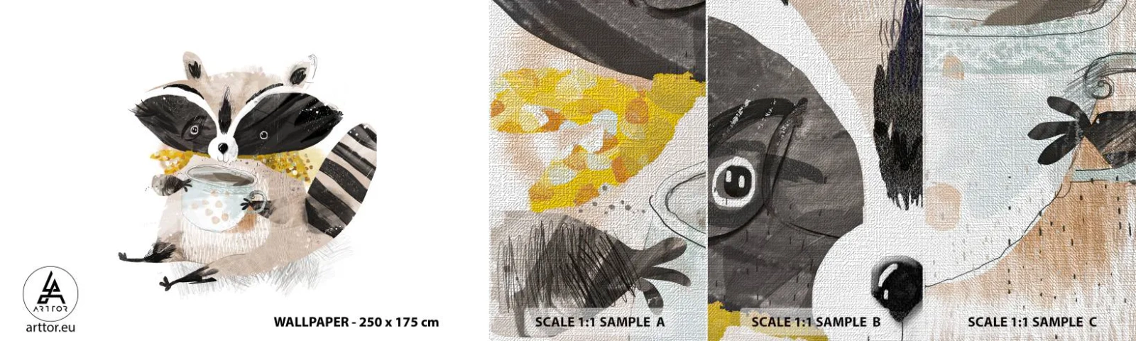 Fototapeten Muster Premium Canvas - Mein Freund der Waschbär - Für Kinder, Waschbär, Grafik - 100x30 cm