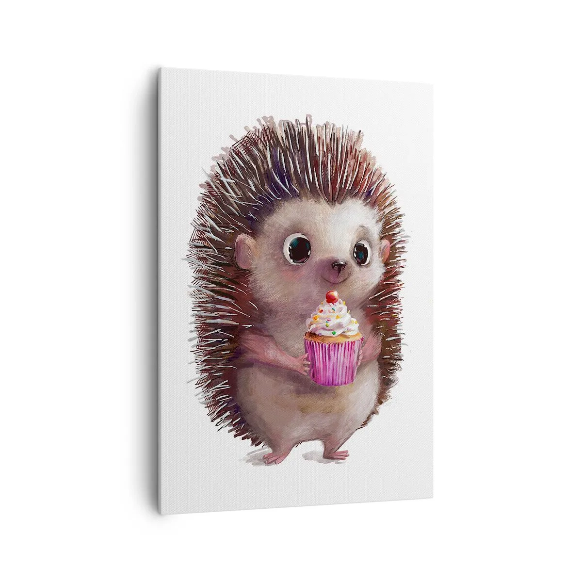 Bild auf Leinwand - Leinwandbild - Ein süßer Igel mit einem Cupcake - 70x100cm - Der Feiertag ist jeden Tag - Moderne Wanddekoration für Wohnzimmer und Schlafzimmer ARTTOR