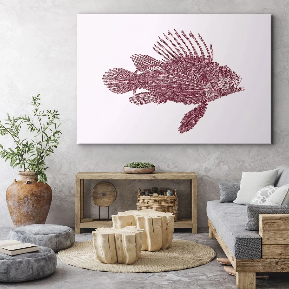 Bild auf Leinwand - Leinwandbild - Zeichnung eines Fisches in einem roten Farbton - 120x80cm - Bewohner exotischer Gewässer - Moderne Wanddekoration für Wohnzimmer und Schlafzimmer ARTTOR