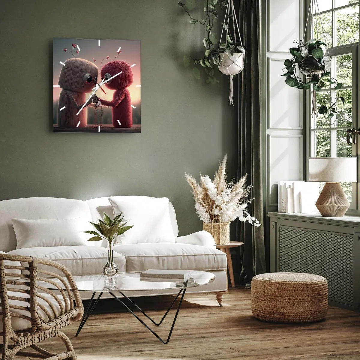 Wanduhr - Glasuhr - Garnfiguren in einer bezaubernden Umgebung mit Herzmotiven - 30x30cm - Jeder darf lieben - Moderne Wanddekoration für Wohnzimmer und Schlafzimmer ARTTOR