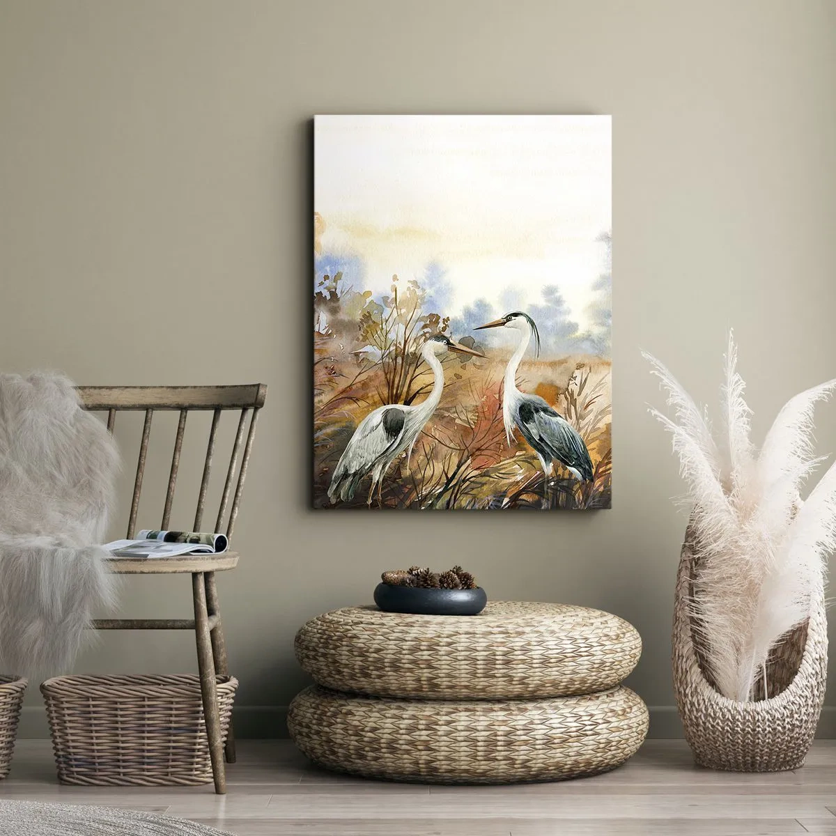 Bild auf Leinwand - Leinwandbild - Zwei Reiher vor dem Hintergrund einer herbstlichen Landschaft - 50x70cm - Wohin im Herbst? - Moderne Wanddekoration für Wohnzimmer und Schlafzimmer ARTTOR