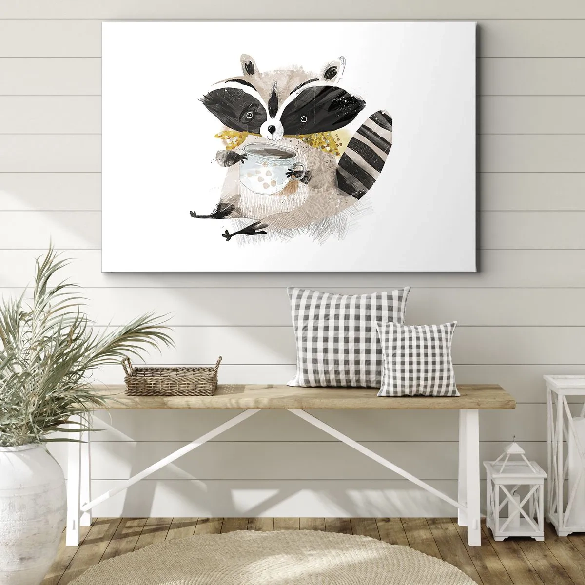 Bild auf Leinwand - Leinwandbild - Entzückender Waschbär mit einer pastellfarbenen Tasse - 100x70cm - Mein Freund der Waschbär - Moderne Wanddekoration für Wohnzimmer und Schlafzimmer ARTTOR