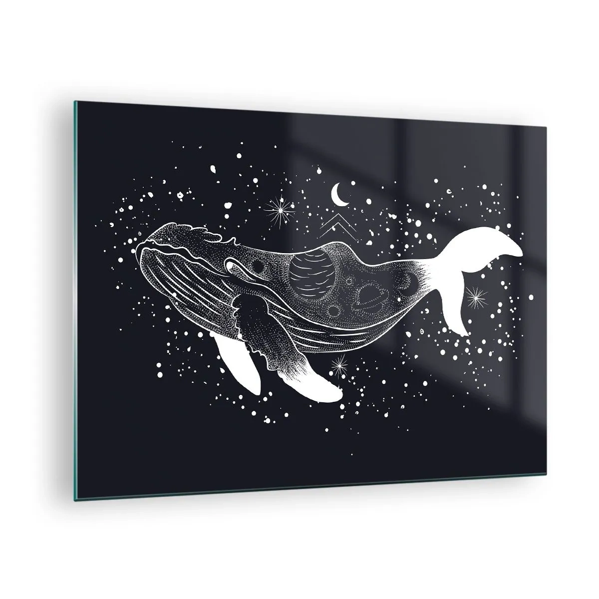 Glasbild - Bild auf glas - Grafische weiße Silhouette eines im Weltraum schwebenden Wals - 70x50cm - Im Ozean des Universums - Moderne Wanddekoration für Wohnzimmer und Schlafzimmer ARTTOR