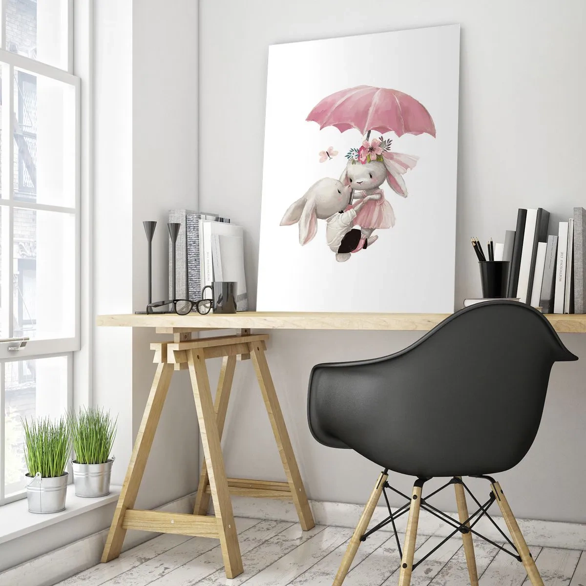Glasbild - Bild auf glas - Zwei Kaninchen unter einem rosa Regenschirm in einer romantischen Szene - 50x70cm - Das ist eben Liebe - Moderne Wanddekoration für Wohnzimmer und Schlafzimmer ARTTOR