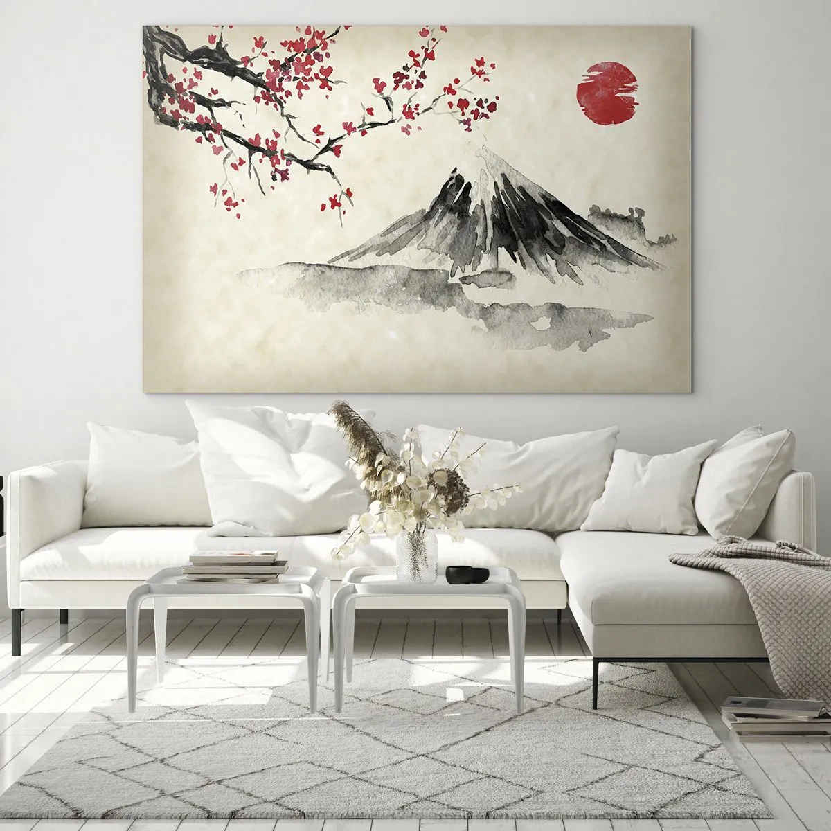 Glasbild - Bild auf glas - Japanisches Aquarell eines Berges und eines blühenden Zweiges - 120x80cm - Liebe Japan - Moderne Wanddekoration für Wohnzimmer und Schlafzimmer ARTTOR