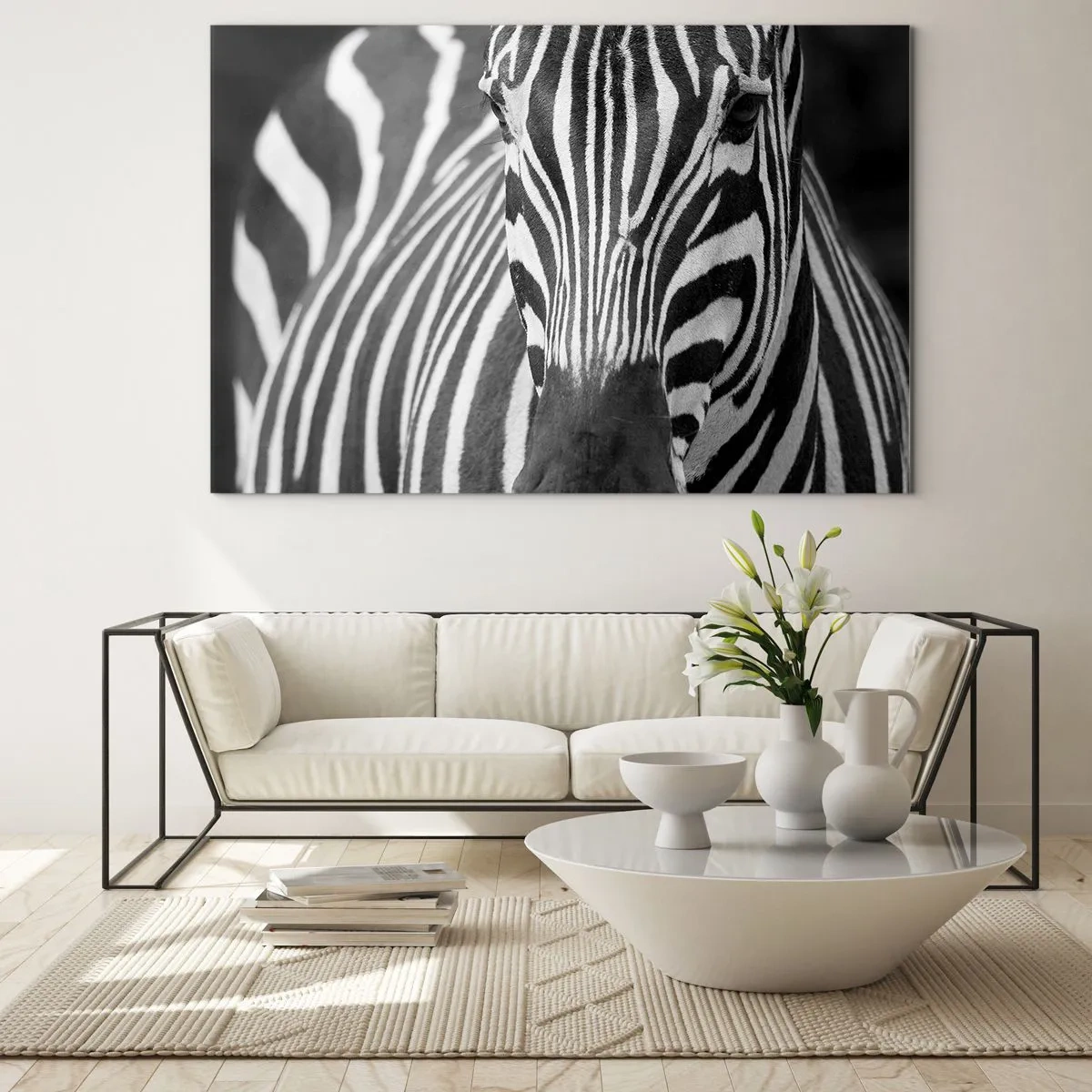 Glasbild - Bild auf glas - Schwarz-Weiß-Porträt eines Zebras mit sichtbaren Streifen - 100x70cm - Die Welt ist schwarz und weiß - Moderne Wanddekoration für Wohnzimmer und Schlafzimmer ARTTOR