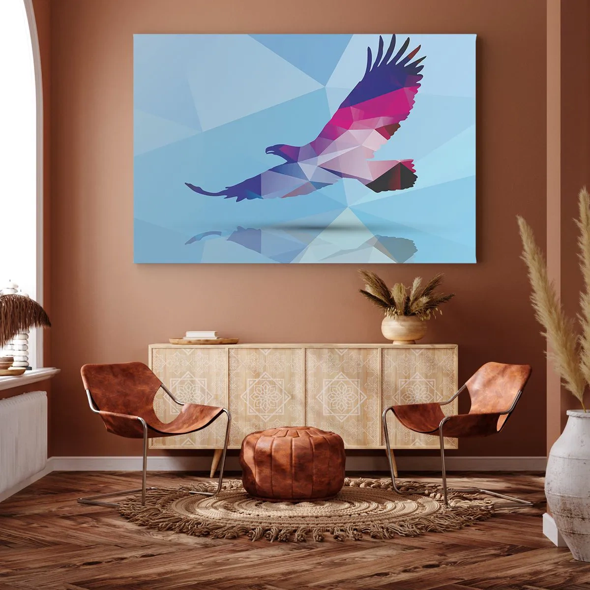 Bild auf Leinwand - Leinwandbild - Geometrische Silhouette eines Adlers im Flug auf blauem Hintergrund - 100x70cm - Adler in lila Kristall - Moderne Wanddekoration für Wohnzimmer und Schlafzimmer ARTTOR