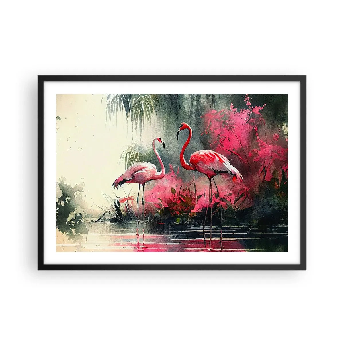 Poster in einem schwarzem Rahmen - Flamingos am Wasser, umgeben von Vegetation - 70x50cm - Lektion in natürlicher Anmut - Moderne Wanddekoration für Wohnzimmer und Schlafzimmer ARTTOR