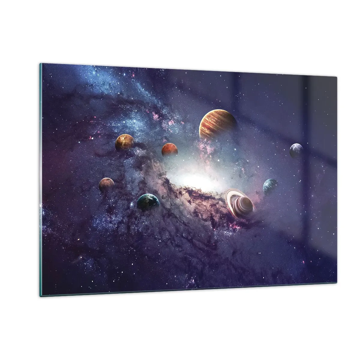 Glasbild - Bild auf glas - Eine phantasievolle Vision von Planeten, die im Weltraum kreisen - 120x80cm - Solar-Tanz-System - Moderne Wanddekoration für Wohnzimmer und Schlafzimmer ARTTOR