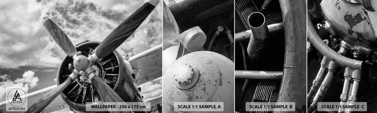 Fototapeten Muster Selbstklebend Deluxe Sticker - Eroberer der Lüfte - Flugzeug, Flugzeugpropeller, Jahrgang - 100x30 cm