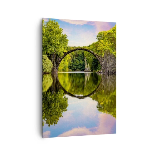 Bild auf Leinwand - Leinwandbild - Eine Steinbrücke über einen Fluss mit einer perfekten Spiegelung im Wasser - 70x100cm - An der Kreuzung zweier Welten - Moderne Wanddekoration für Wohnzimmer und Schlafzimmer ARTTOR