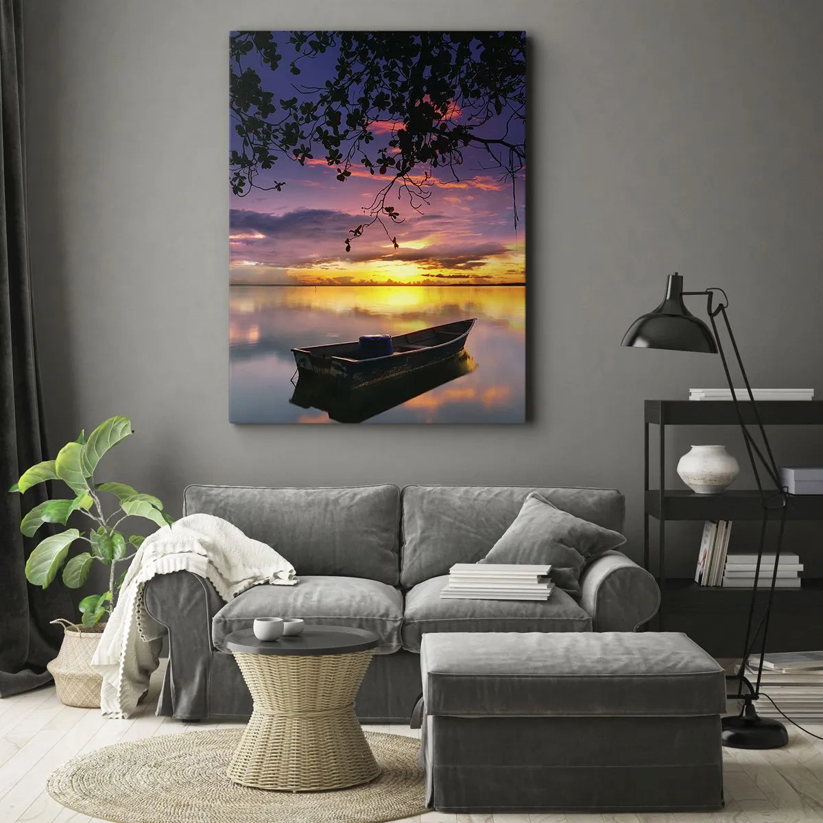 Bild auf Leinwand - Leinwandbild - Ein Boot auf ruhigem Wasser bei Sonnenuntergang - 50x70cm - Du scheinst mitten am Himmel zu hängen... - Moderne Wanddekoration für Wohnzimmer und Schlafzimmer ARTTOR