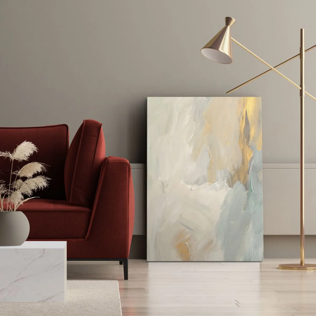 Bild auf Leinwand - Leinwandbild - Zarte abstrakte Striche in Weiß- und Goldtönen - 50x70cm - Abstraktion – das Land der Sanftheit - Moderne Wanddekoration für Wohnzimmer und Schlafzimmer ARTTOR