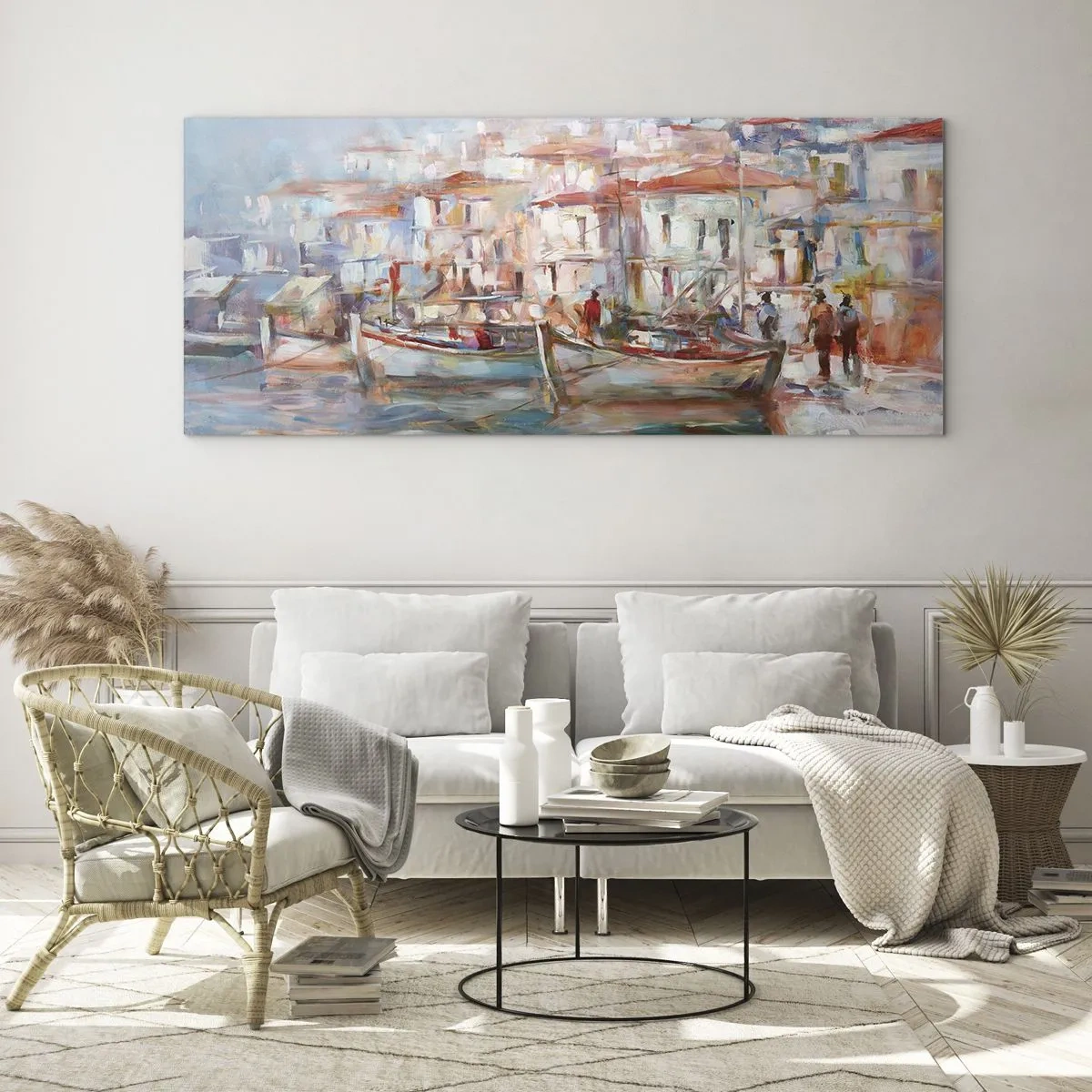 Glasbild - Bild auf glas - Hafenimpression mit Booten und Gebäuden - 140x50cm - Pastell-Sommerferien - Moderne Wanddekoration für Wohnzimmer und Schlafzimmer ARTTOR