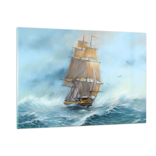 Glasbild - Bild auf glas - Ein Segelschiff auf stürmischer See im malerischen Stil - 120x80cm - Über die Wellen gleiten - Moderne Wanddekoration für Wohnzimmer und Schlafzimmer ARTTOR