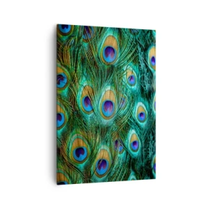 Bild auf Leinwand - Leinwandbild - Details von Pfauenfedern in satten Farben - 70x100cm - Ein Blick mit Pfauenaugen - Moderne Wanddekoration für Wohnzimmer und Schlafzimmer ARTTOR