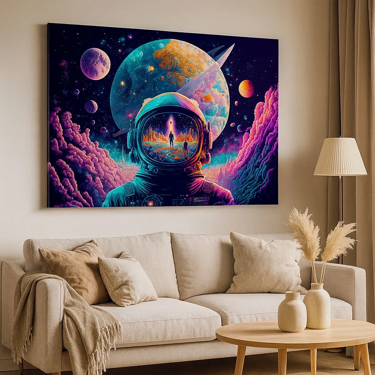 Bild auf Leinwand - Leinwandbild - Astronaut im Weltraum mit einer farbenfrohen Planetenlandschaft - 70x50cm - Philosophen haben nicht davon geträumt - Moderne Wanddekoration für Wohnzimmer und Schlafzimmer ARTTOR