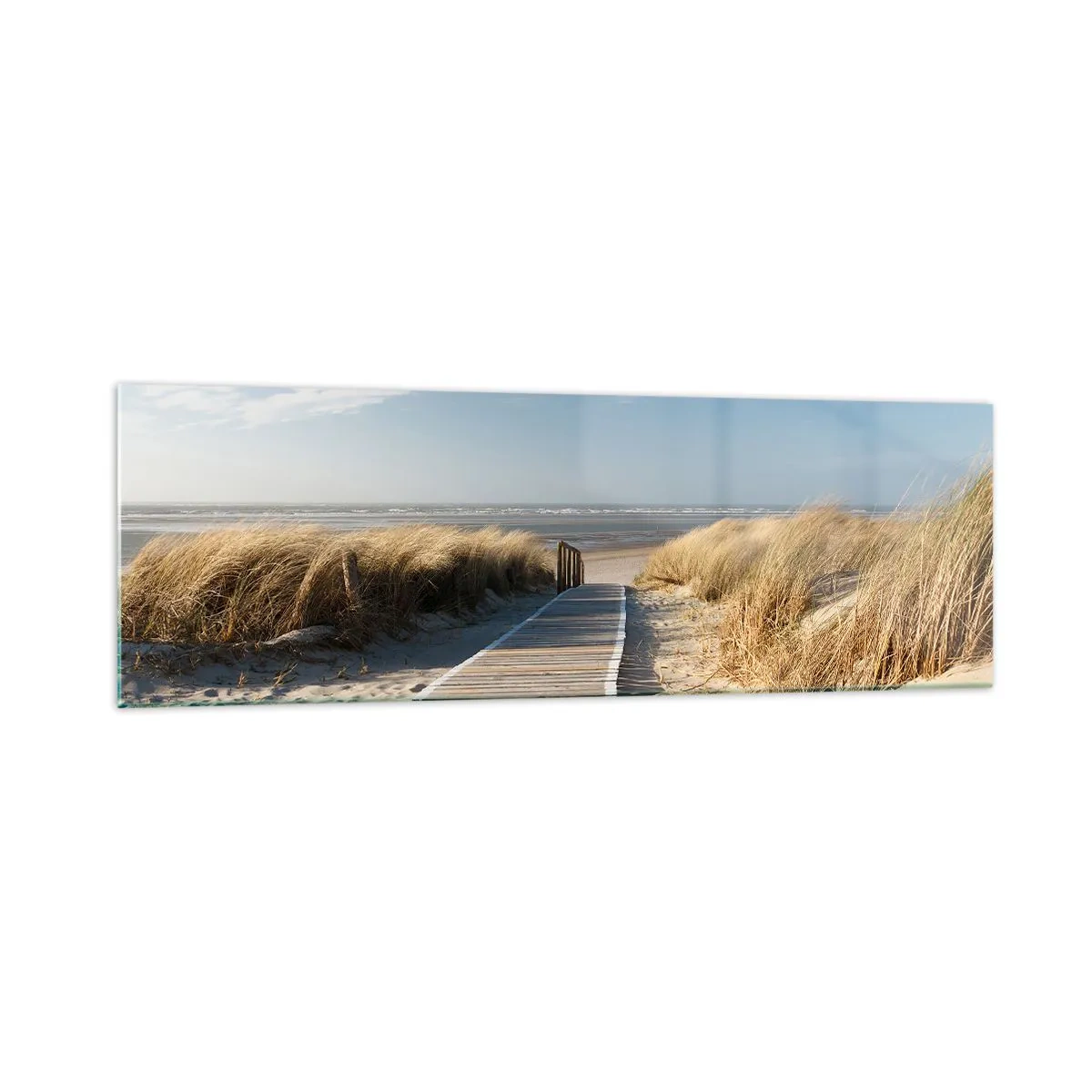 Glasbild - Bild auf glas - Ein Holzweg führt durch die Dünen zum ruhigen Meer - 160x50cm - Hinter der Düne, im Rauschen des Grases - Moderne Wanddekoration für Wohnzimmer und Schlafzimmer ARTTOR