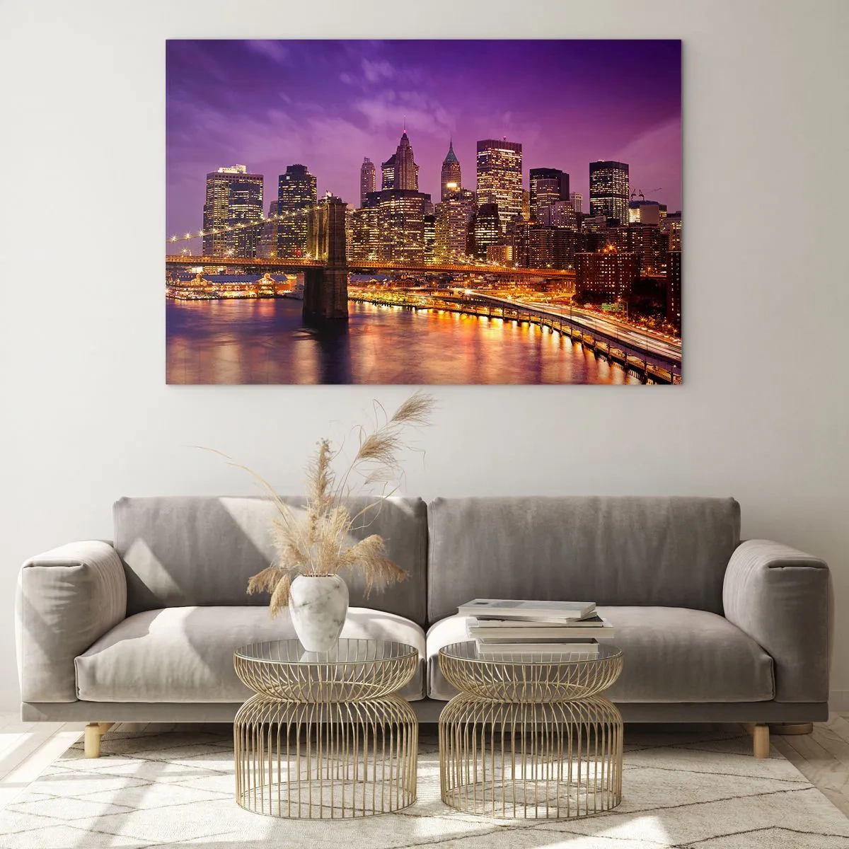 Glasbild - Bild auf glas - Abendansicht von New York mit der Brooklyn Bridge - 100x70cm - Violett-goldenes Manhathann - Moderne Wanddekoration für Wohnzimmer und Schlafzimmer ARTTOR
