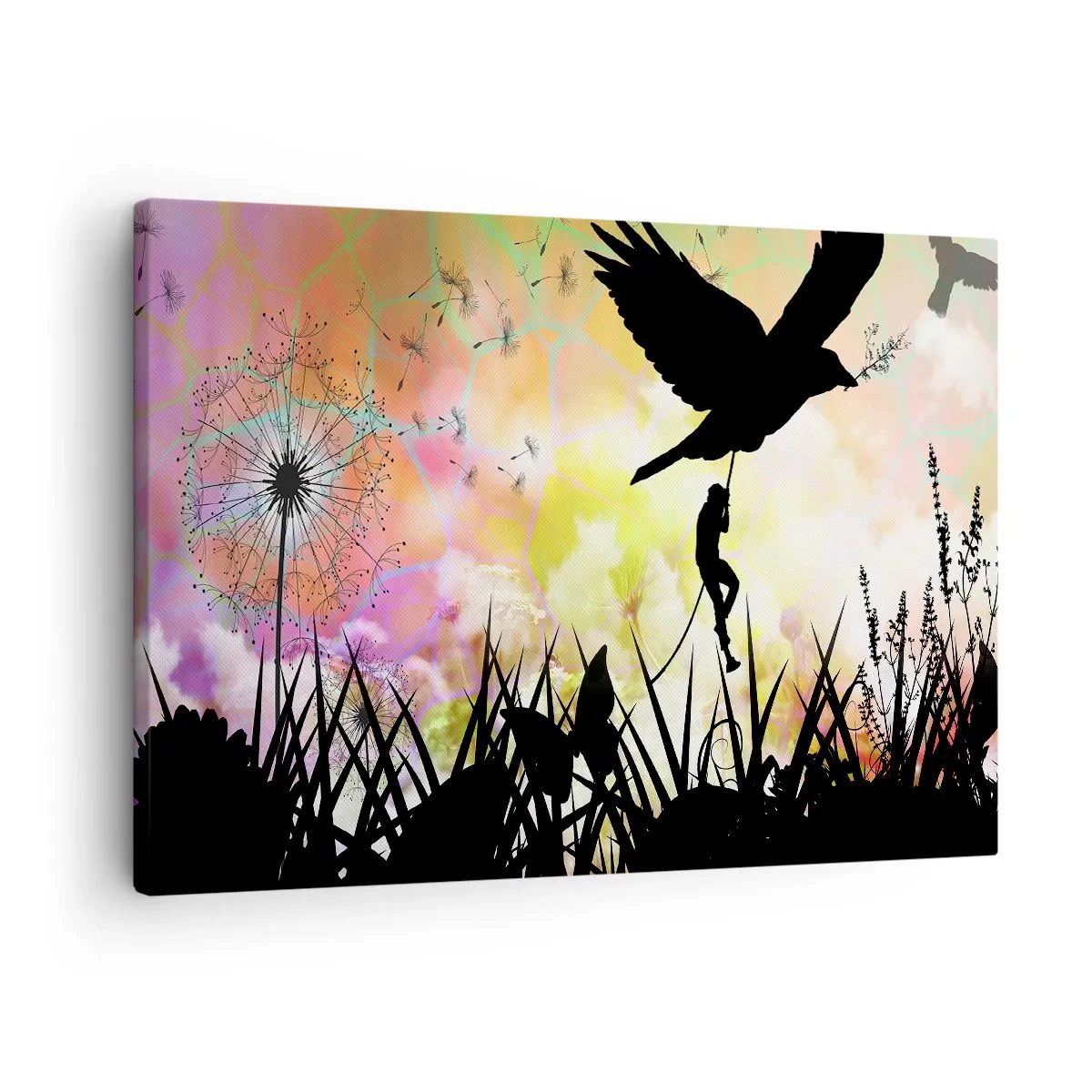 Bild auf Leinwand - Leinwandbild - Natursilhouette mit einem Vogel und einem Löwenzahn - 70x50cm - In märchenhafter Atmosphäre - Moderne Wanddekoration für Wohnzimmer und Schlafzimmer ARTTOR